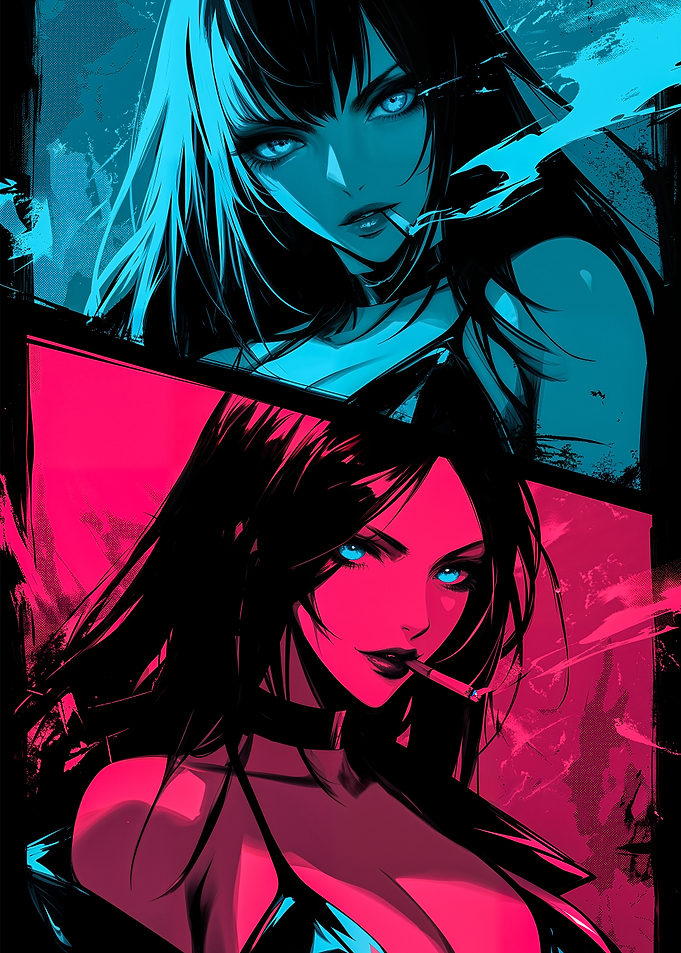 Anime Girls Smoking in Pink and Blue