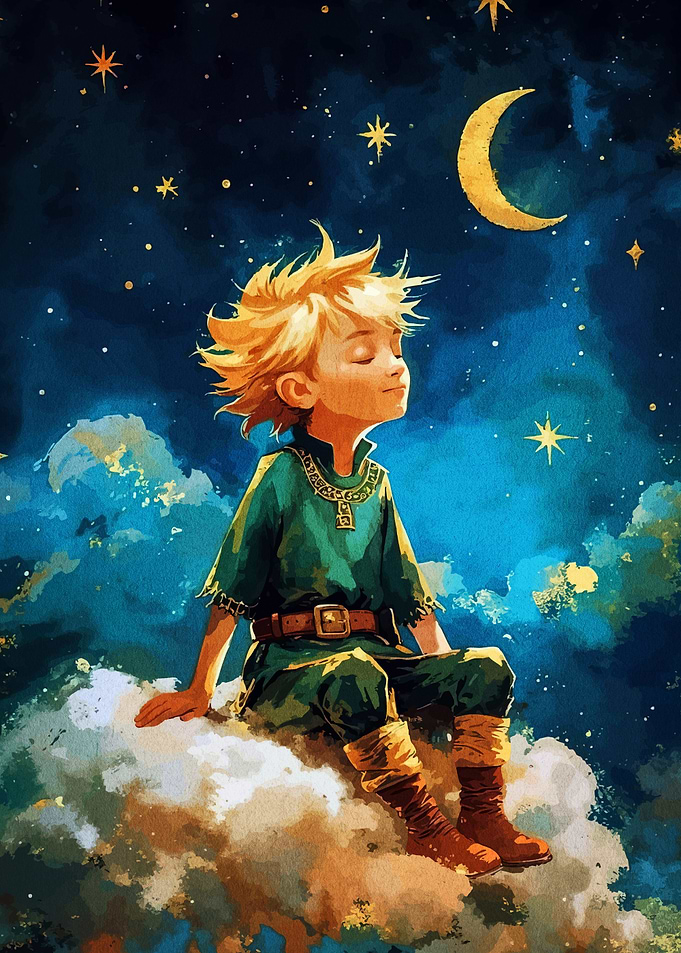 Boy on Cloud Under Starry Sky