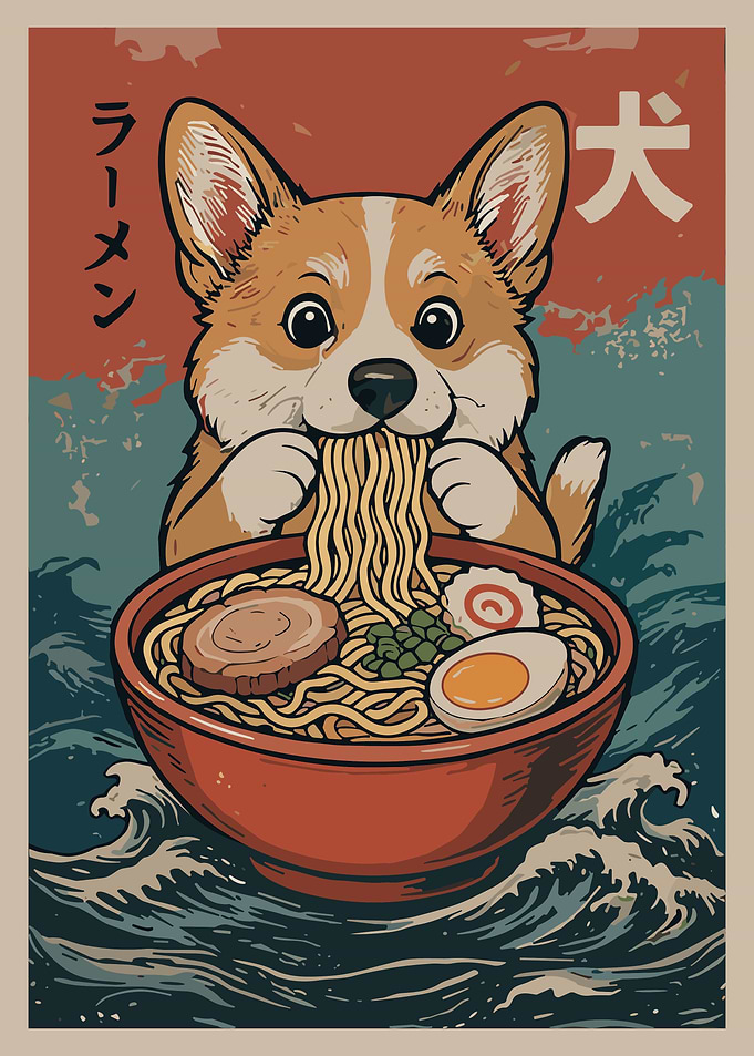 Corgi Ramen Poster, Cute Dog Eating Japanese Noodles Art, Anime Food Wall Print