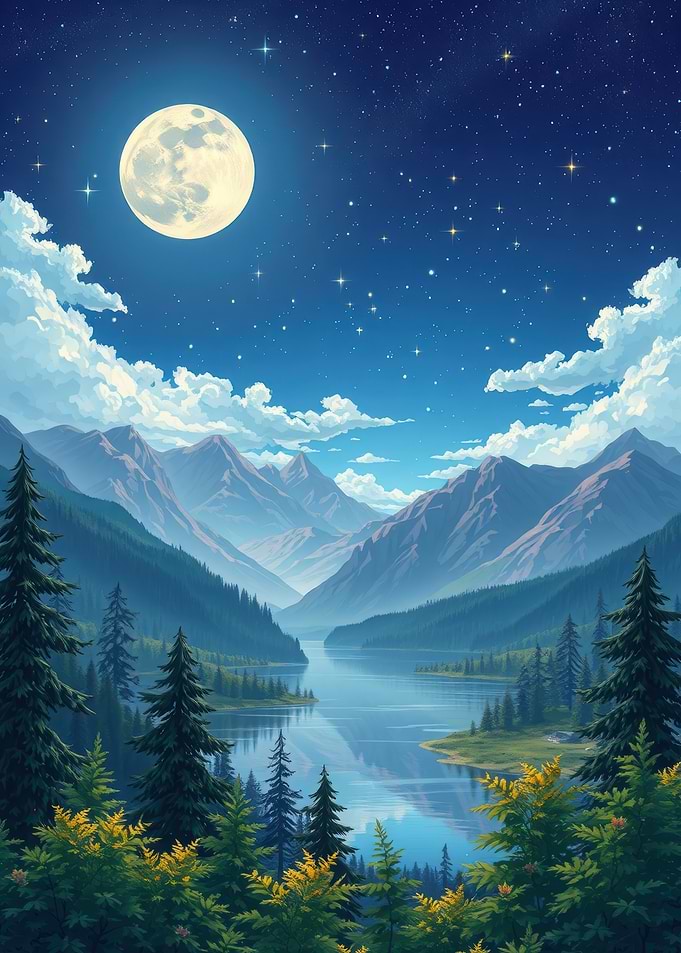 Moonlit Mountain Lake Landscape