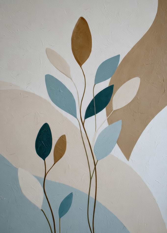 Abstract Floral Painting with Blue Leaves