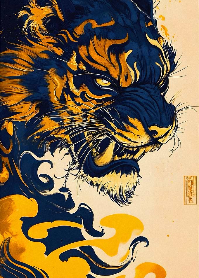 Stylized Tiger Illustration in Blue and Gold