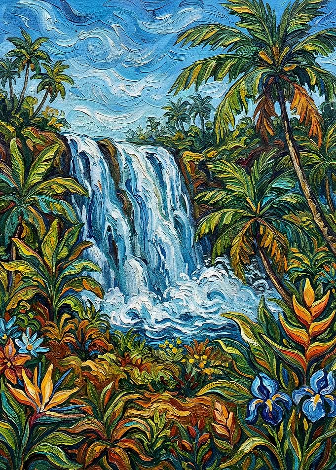 Tropical Waterfall Painting with Lush Vegetation