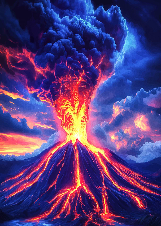 Volcanic Eruption with Lava Flowing Down