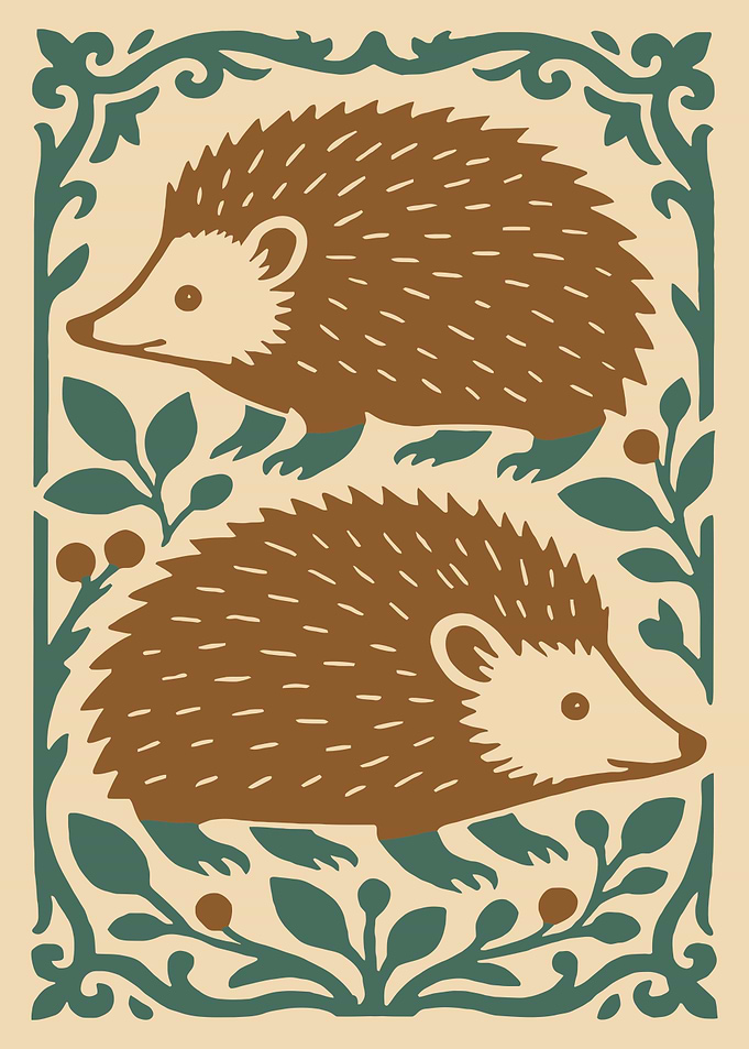 Two Hedgehogs with Floral Border Illustration