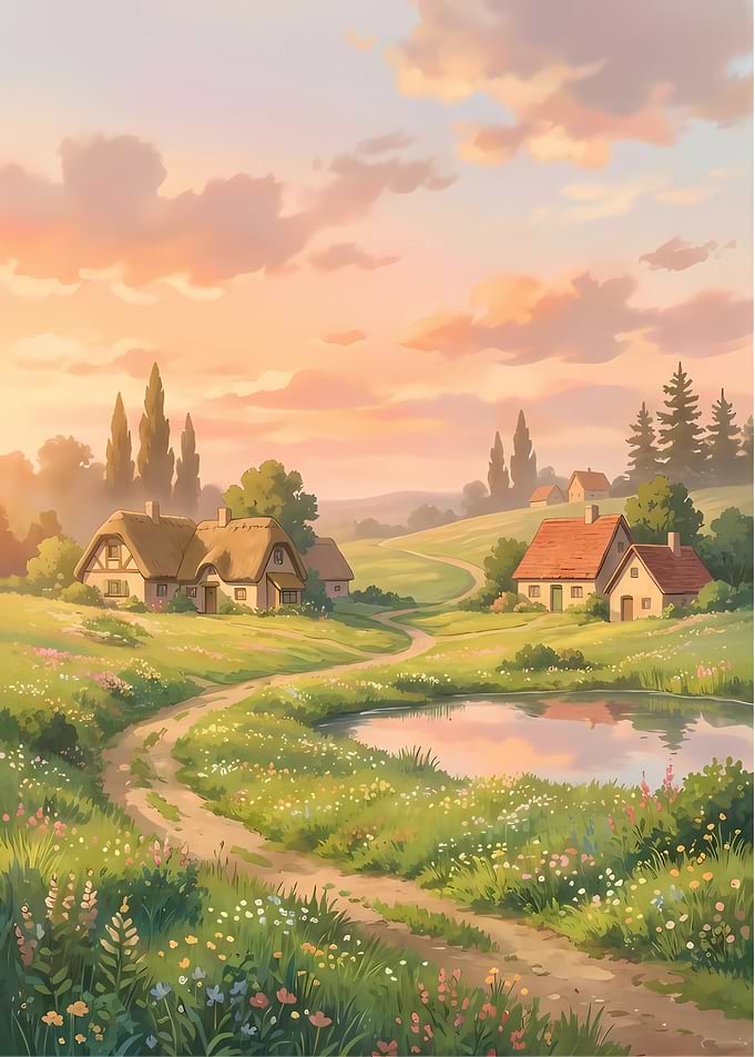 Pastoral Landscape with Cottages and Pond