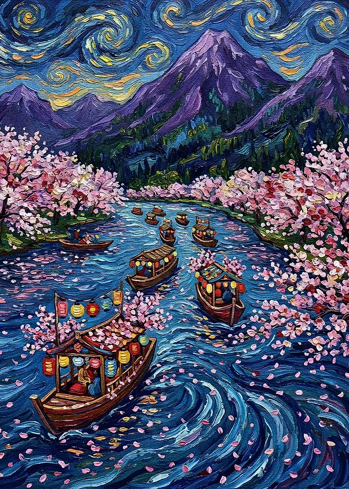 Cherry Blossom River Boats Painting