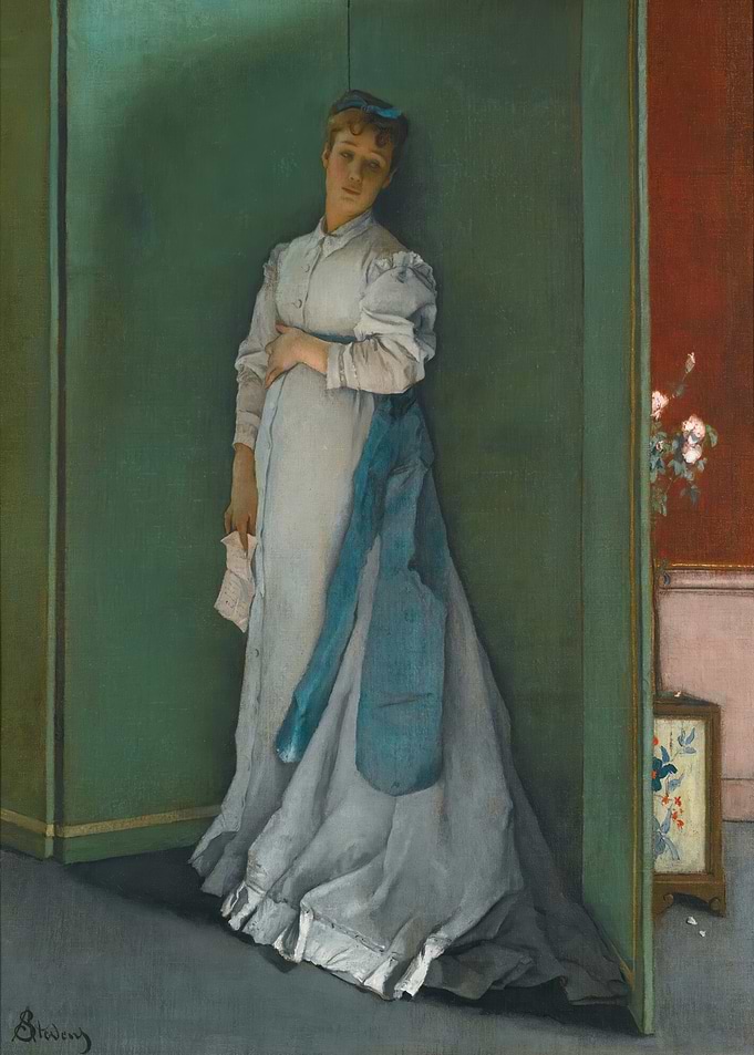 Pensive Woman in White Dress Painting