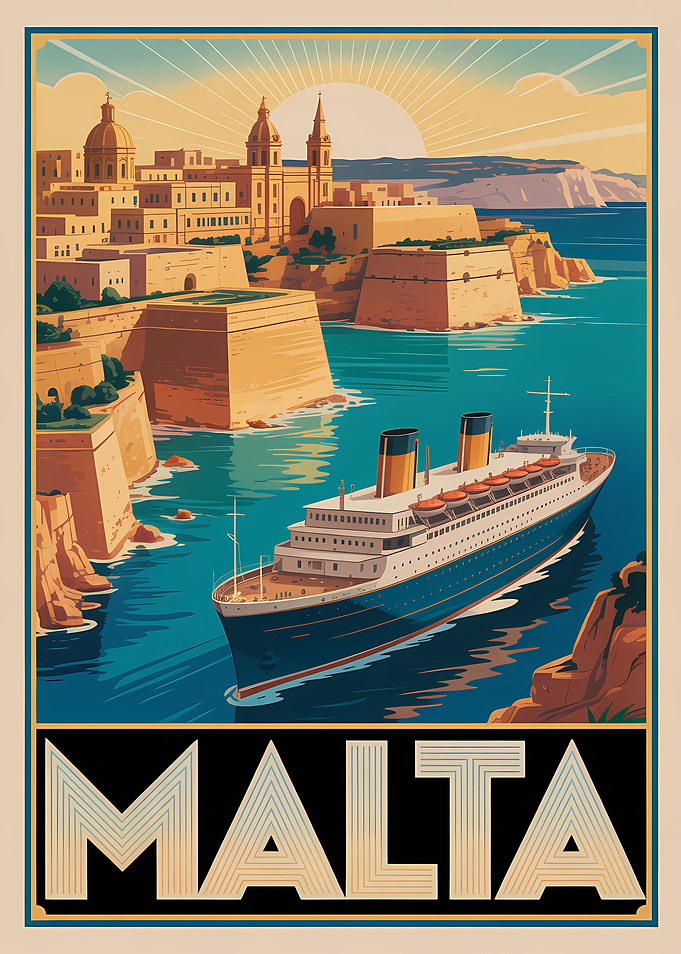 Malta Travel Poster with Cruise Ship