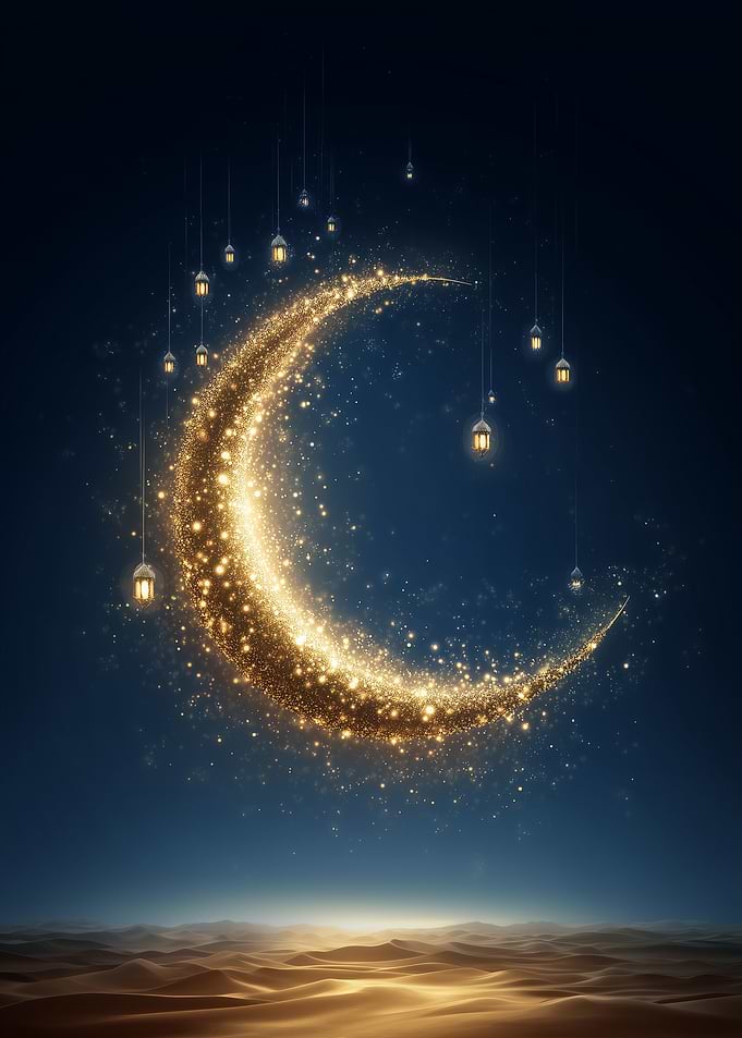 Golden Crescent Moon with Lanterns