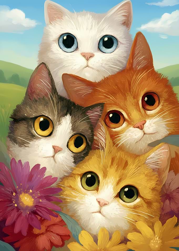 Four Cats in a Flower Garden