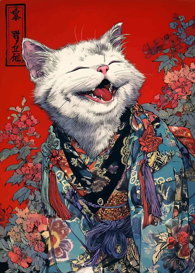 Smiling Cat in Kimono Art