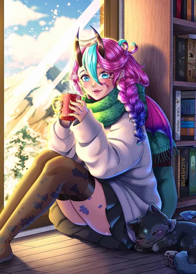 Cozy Dragon Girl Niji with Tea
