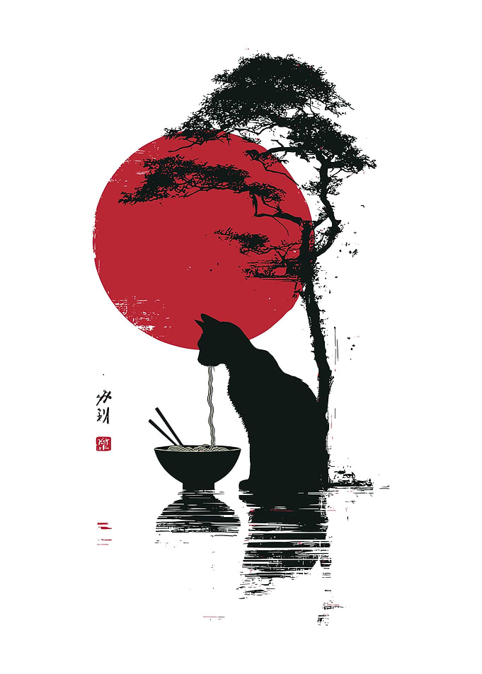 Cat Eating Ramen with Rising Sun