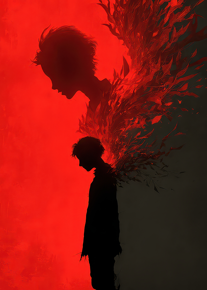 Silhouette of a Person with Red Wings