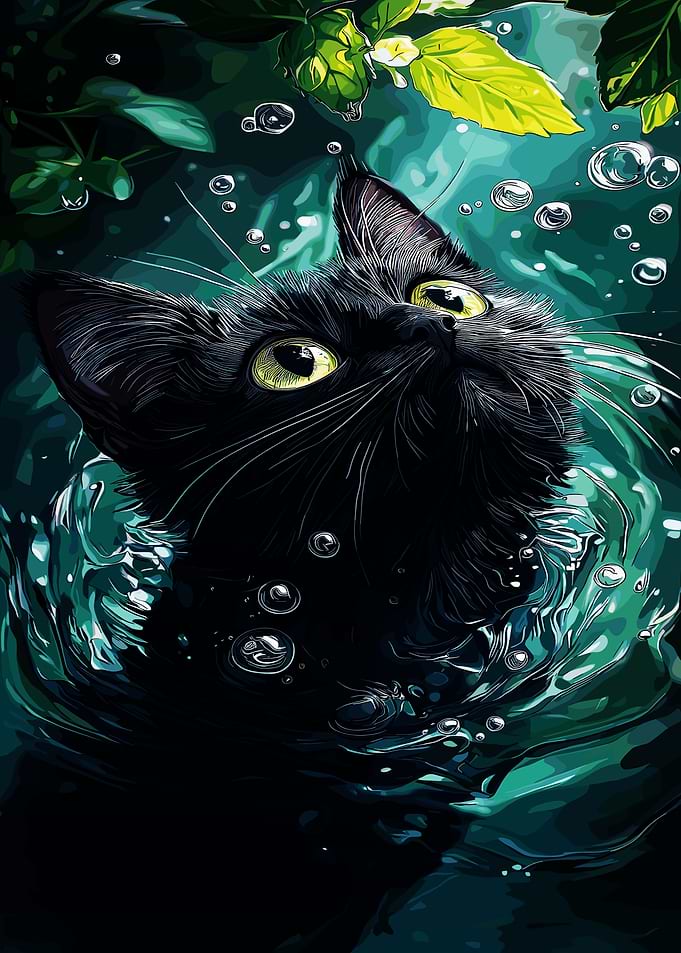 Black Cat in Water Digital Art