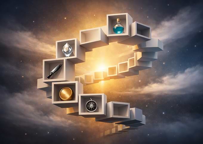 Fantasy Items in Floating White Cubes