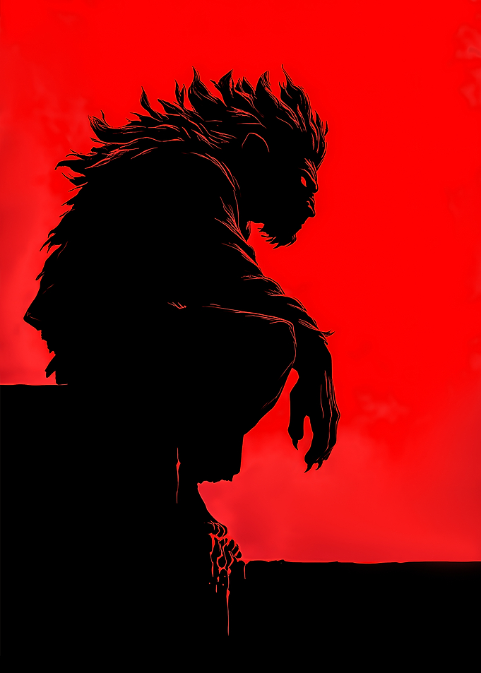 Silhouette of a Crouching Figure on Red