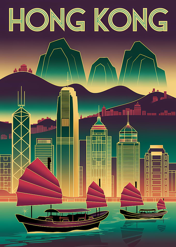 Hong Kong Skyline Art Deco Poster