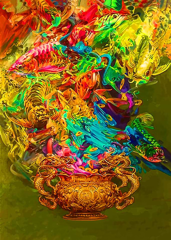 Golden Pot with Colorful Fish