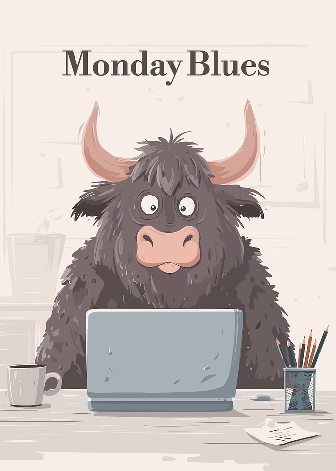 Monday Blues Cartoon Yak at Desk