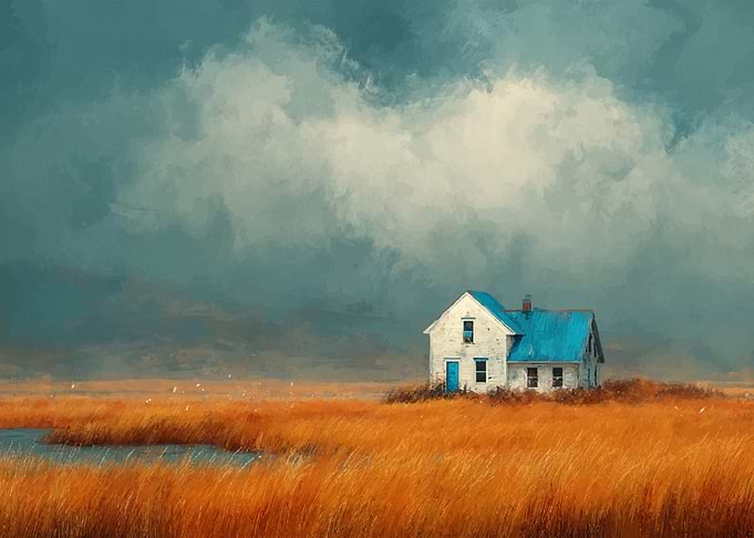 House in a field painting