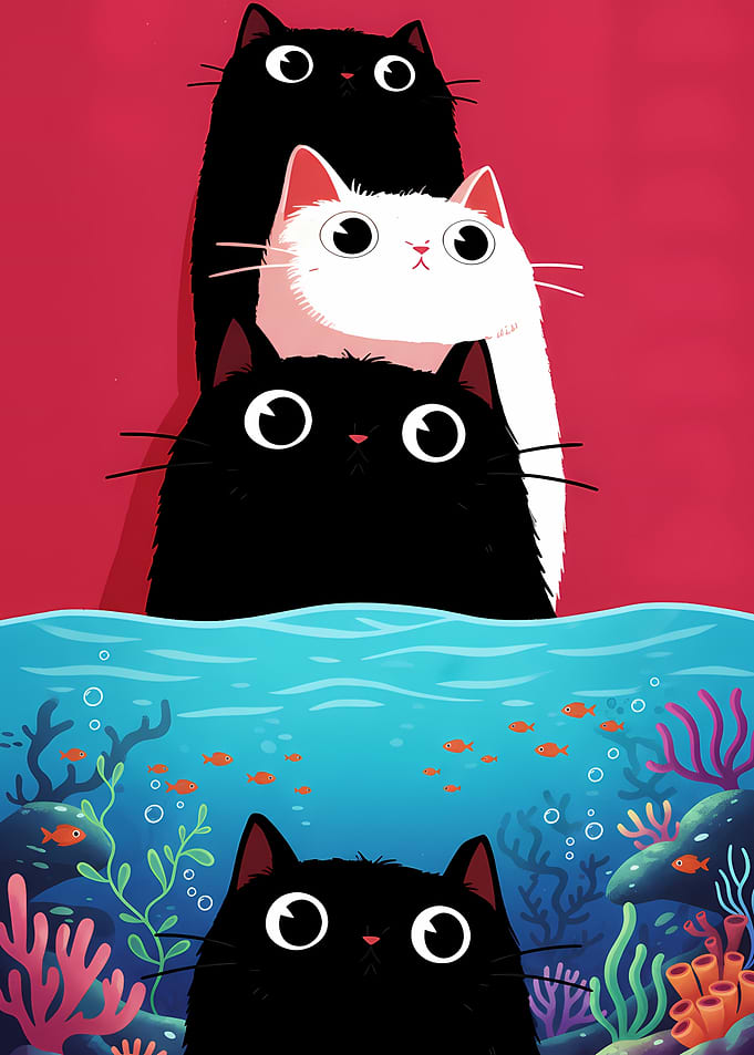 Cats and Fish Cartoon Illustration