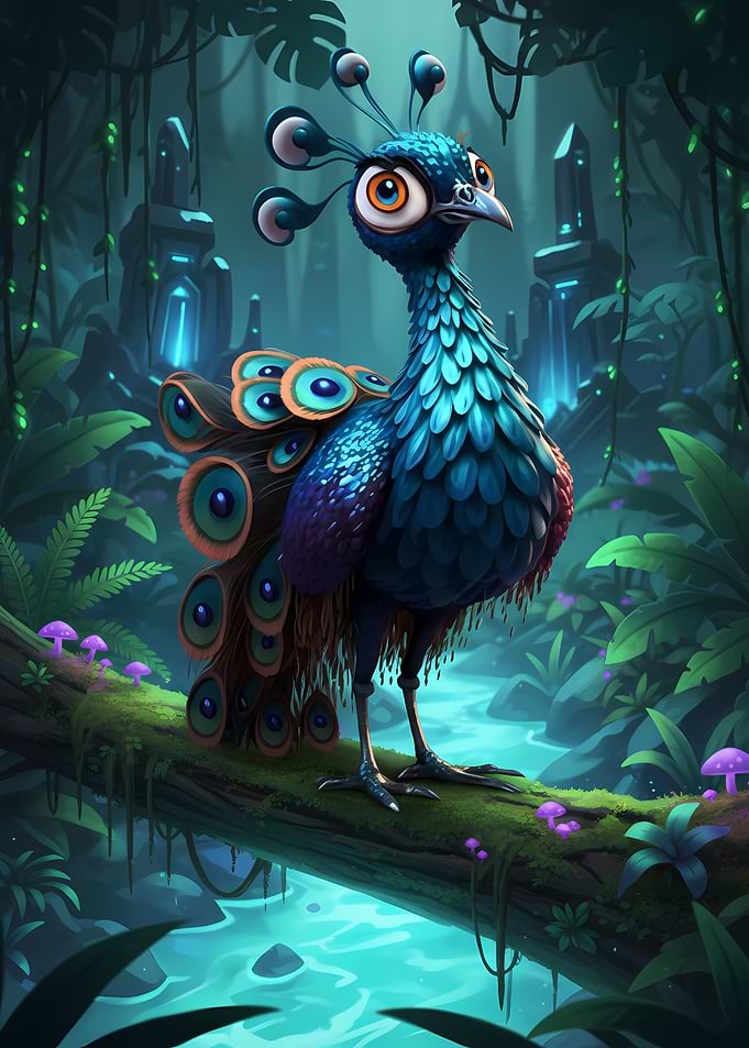 Cartoon Peacock in Enchanted Forest