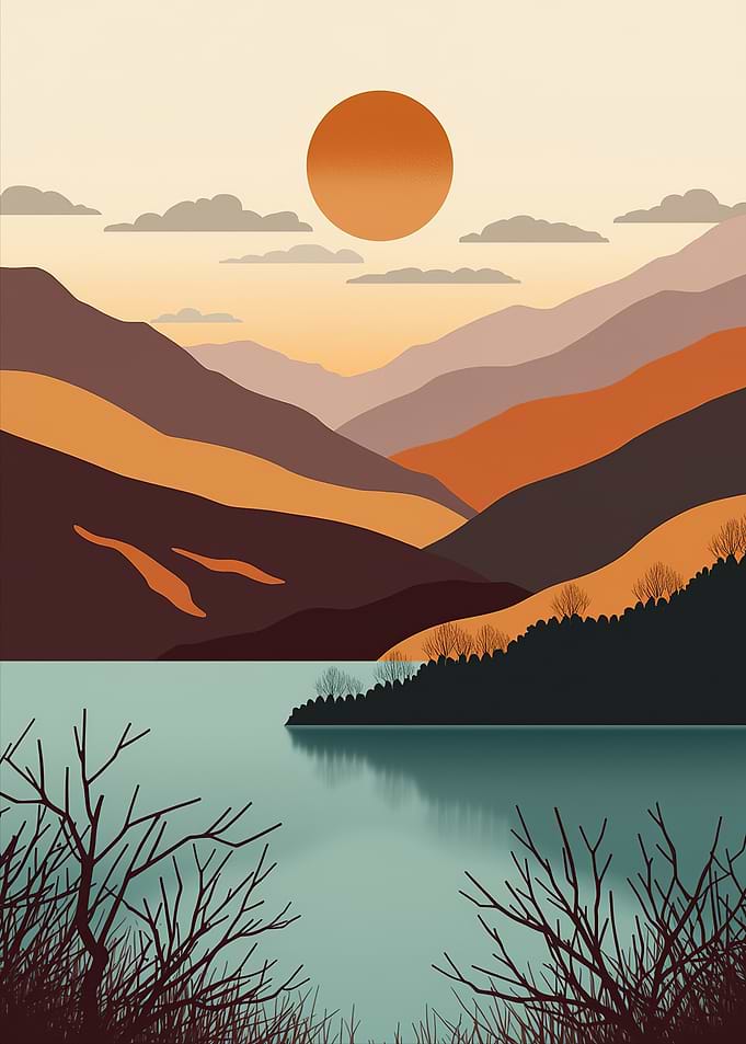 Minimalist Mountain Lake Landscape Art