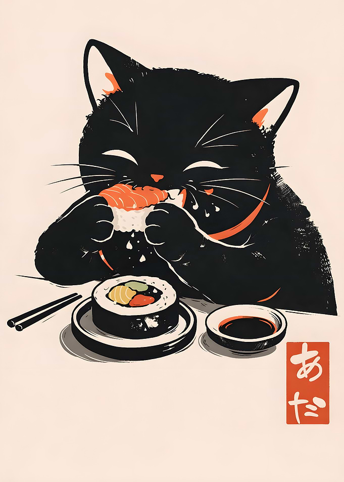 Black Cat Eating Sushi