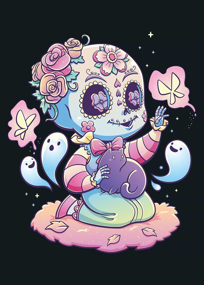 Pastel Goth Sugar Skull Girl with Cat