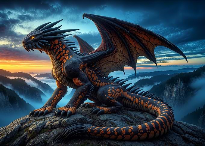 Dragon on Mountain Peak at Sunset