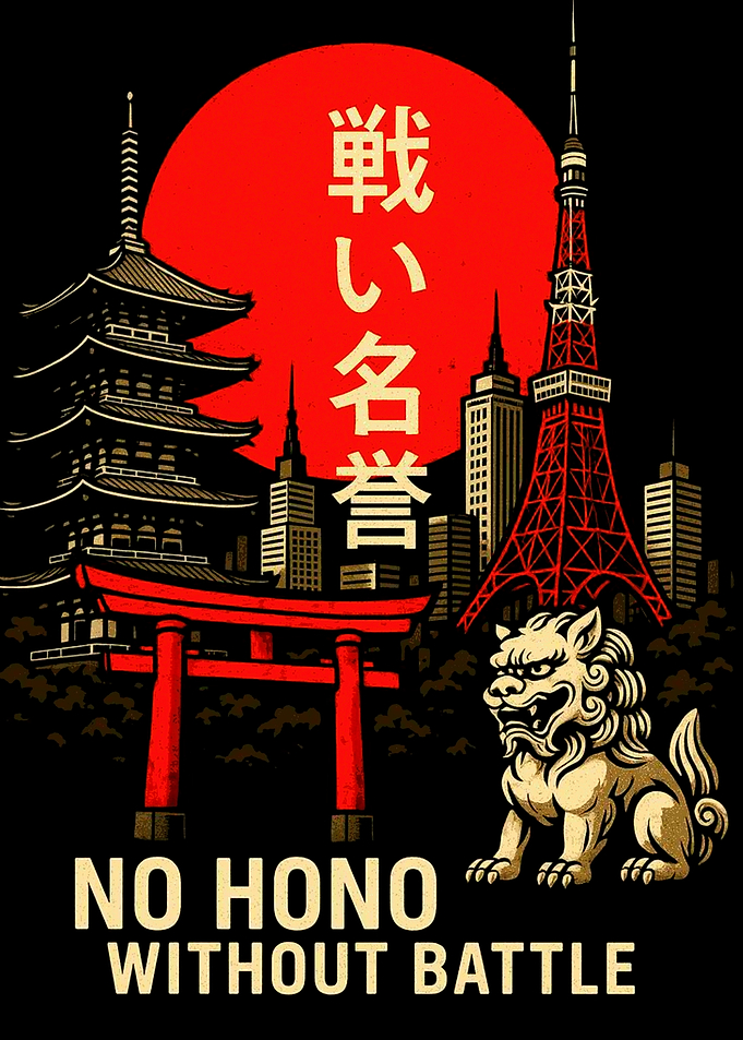 Japanese cityscape with guardian lion statue