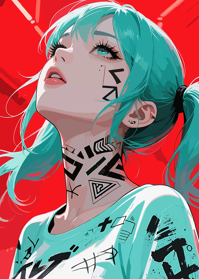 Anime Girl with Tattoos and Teal Hair