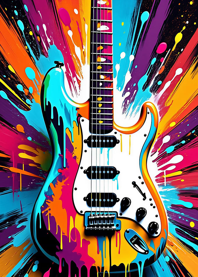 Electric Guitar with Colorful Paint Splatter
