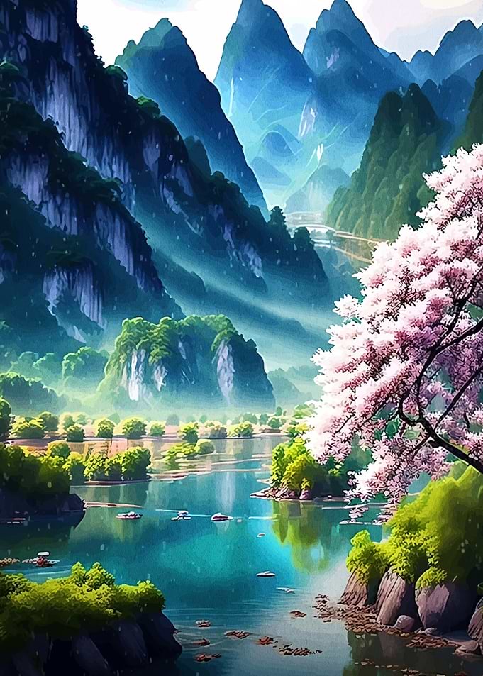 Mountain Lake with Cherry Blossoms