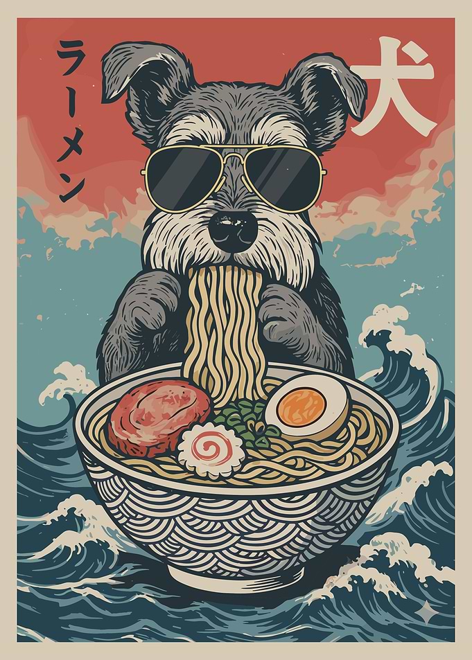 Gray Dog Eating Ramen Poster, Cute Dog Japanese Food Art, Anime-Inspired Wall Print