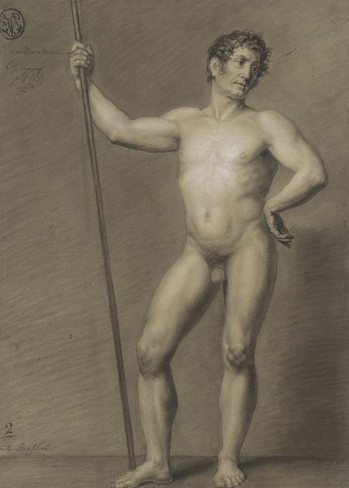 Nude Male Figure with Staff Drawing
