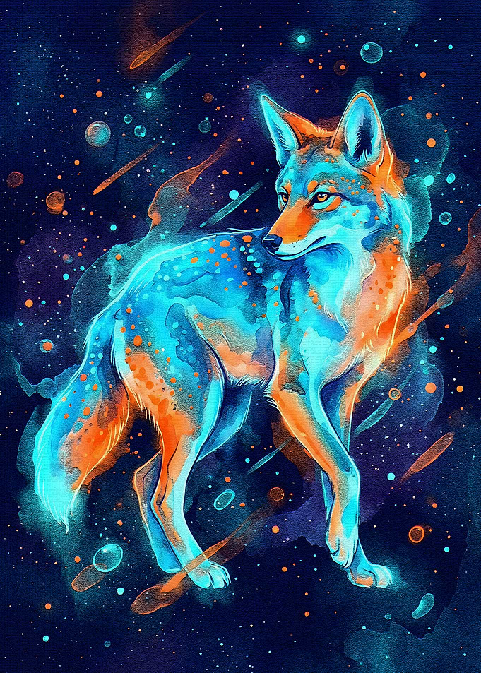 Cosmic Coyote Watercolor Art