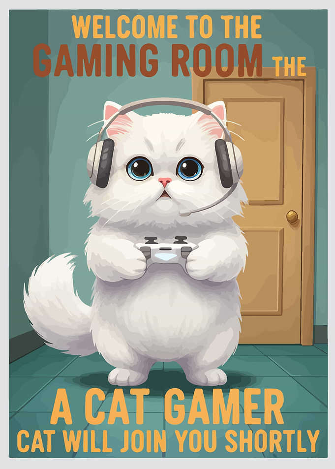 Cat Gamer in Gaming Room Poster