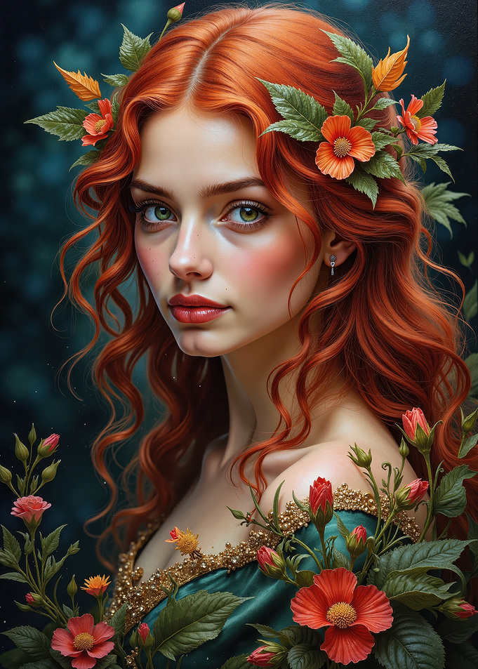 Red-haired woman with floral adornments portrait