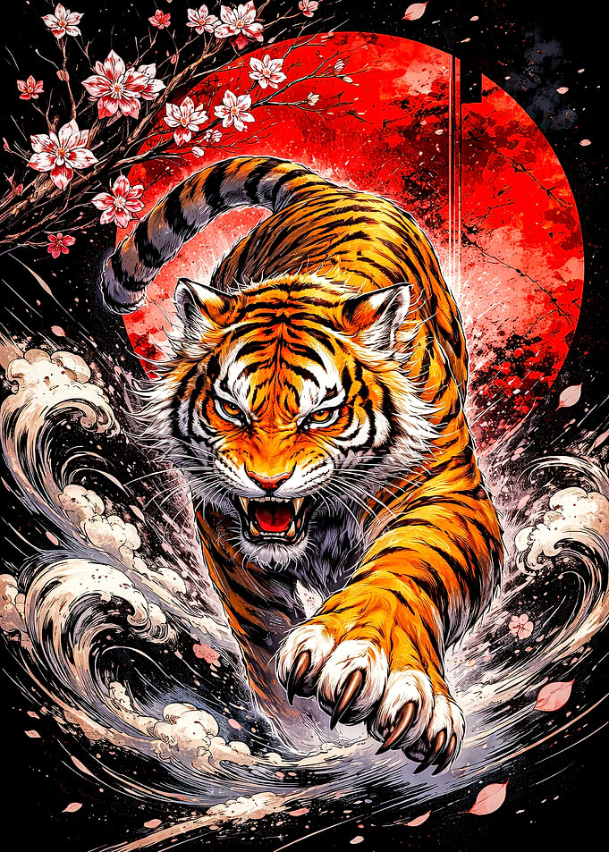 Tiger in Motion with Red Moon