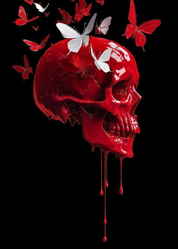 Red Skull with Butterflies on Black