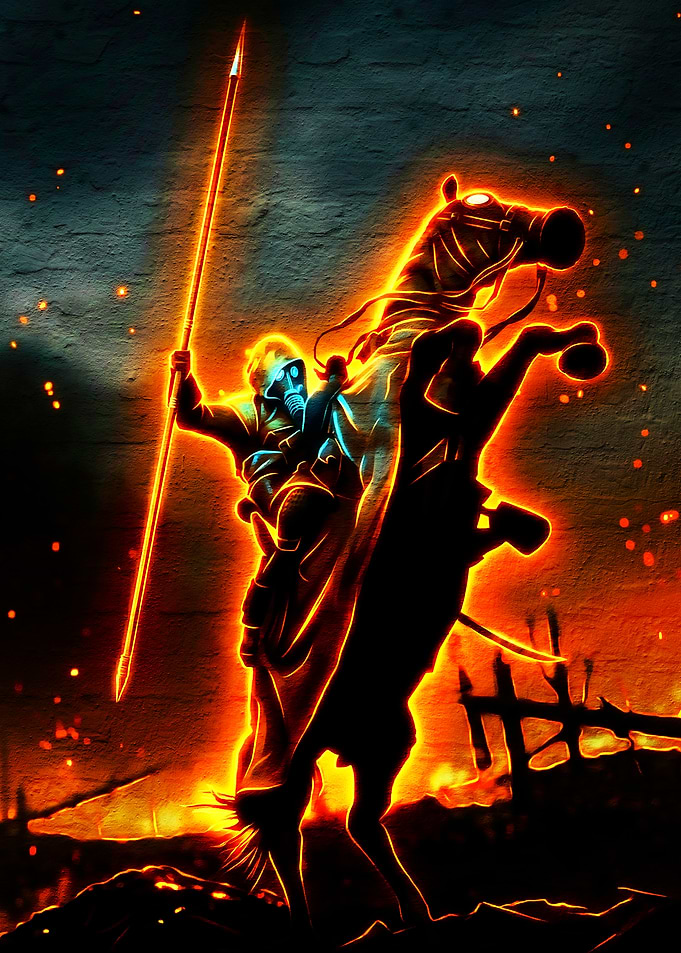 Equestrian Warrior with Spear in Fiery Landscape