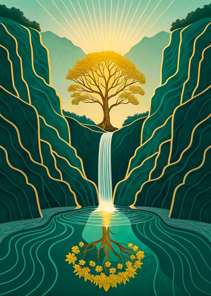 Golden Tree by Emerald Falls: Serene Nature’s Luxury Masterpiec