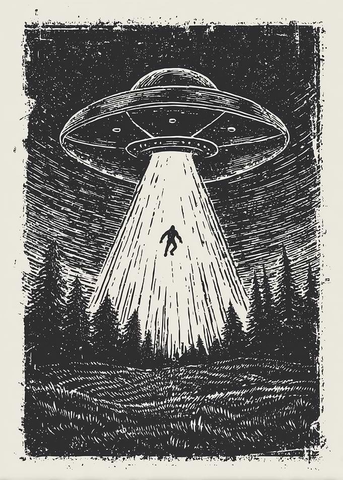 UFO Abduction Bigfoot in Forest Illustration