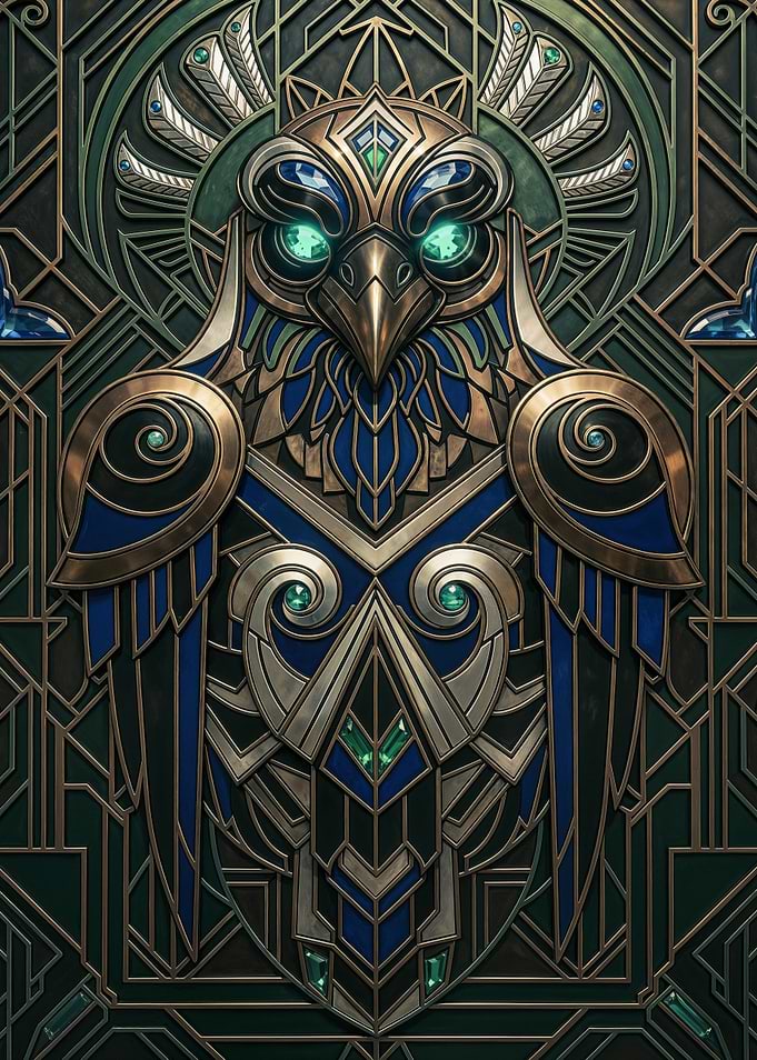 Art Deco Owl Wall Art – Geometric Emerald & Gold Mythic Bird Luxury Decor