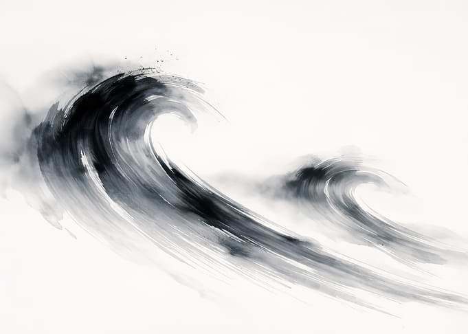 Ink Wash Painting of Ocean Waves