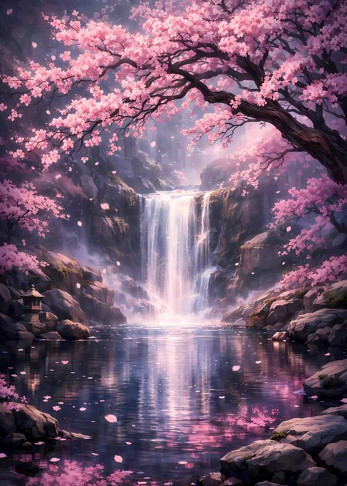 Cherry Blossom Waterfall Serenity