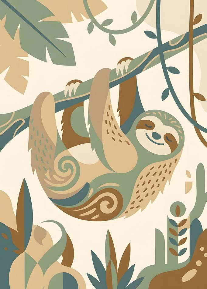 Stylized Sloth Hanging from Branch Illustration